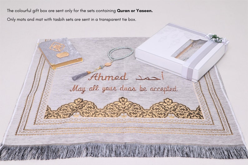 Tapis de prière en chenille gris personnalisé, perles de prière du Coran en velours, ensemble cadeau islamique Ramadan, Eid, mariage, anniversaire, cadeau de remise des diplômes image 9