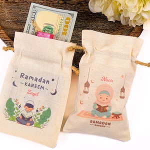 Personalized Eid Gift Bag for Kids - Custom Ramadan Favor Pouch - Islamic Party Goodie Bag - Cotton Treat Bag with Name - Gif Bag for Guests