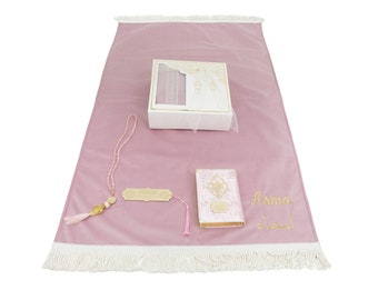 Ensemble cadeau personnalisé Coran Tasbih de tapis de prière en velours de haute qualité | Cadeaux Ramadan Eid Mariage Anniversaire Saint-Valentin des pères et des mères