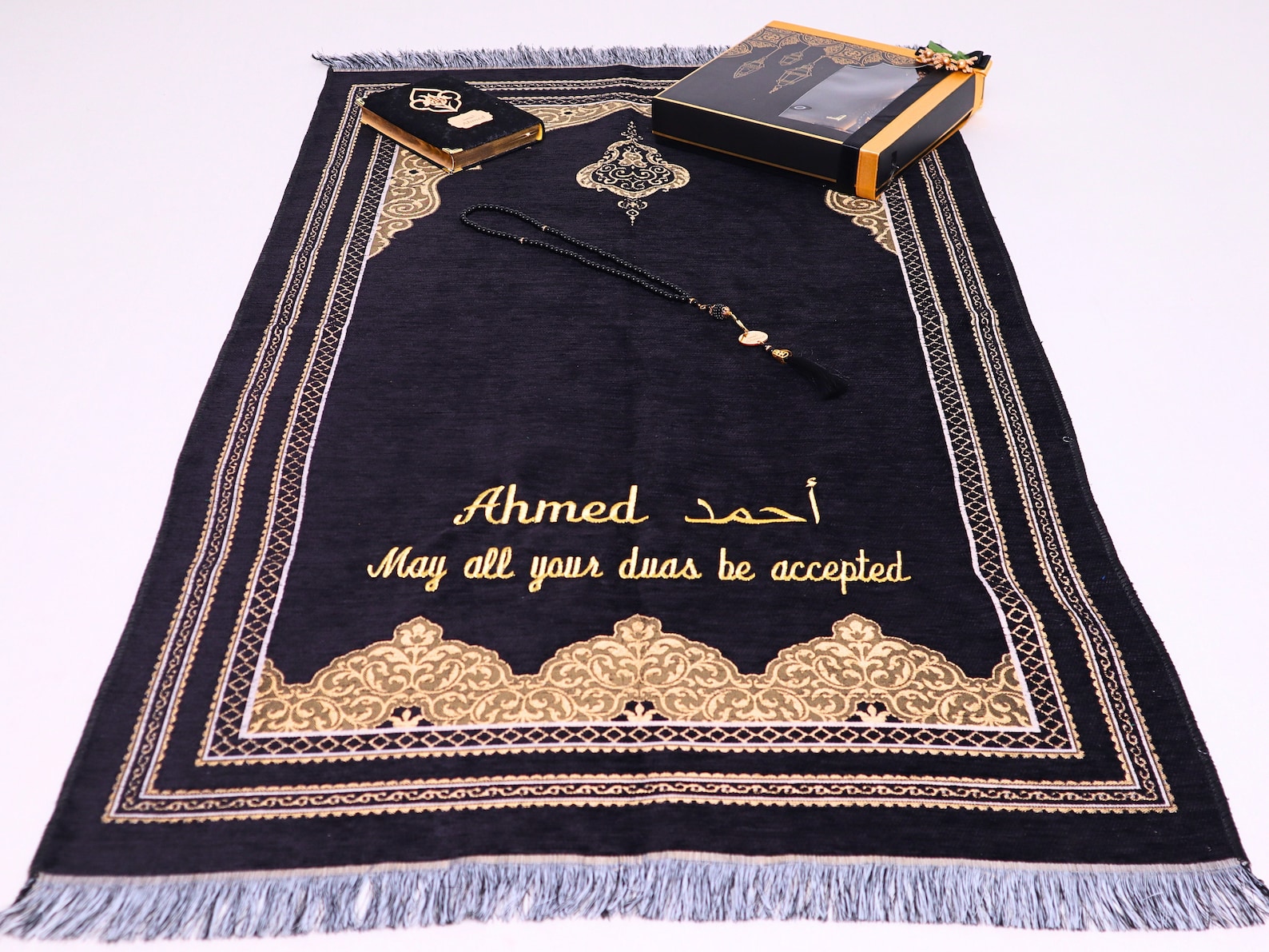 Personalized Chenille Prayer Mat Gift Set, Quran, Tasbeeh, Ramadan Favors, Eid Gifts for Him