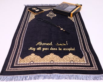 Personalized Chenille Prayer Mat Gift Set, Quran, Tasbeeh, Ramadan Favors, Eid Gifts for Him