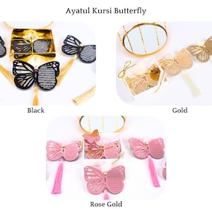 K&ouml;nnte beinhalten: Drei dekorative Schmetterlingsornamente mit Quasten in Schwarz, Gold und Ros&eacute;gold. Jedes Ornament hat ein ausgeschnittenes Design und den Text "Ayatul Kursi Butterfly".