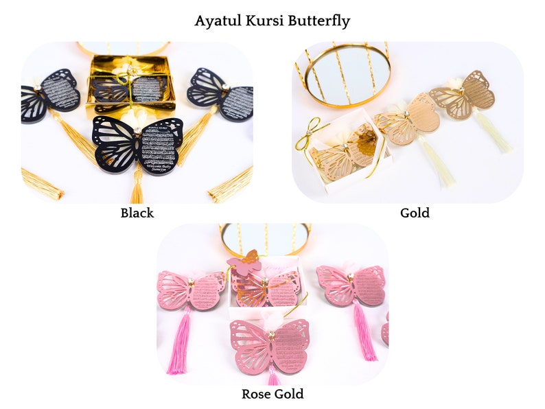 K&ouml;nnte beinhalten: Drei dekorative Schmetterlingsornamente mit Quasten in Schwarz, Gold und Ros&eacute;gold. Jedes Ornament hat ein ausgeschnittenes Design und den Text "Ayatul Kursi Butterfly".