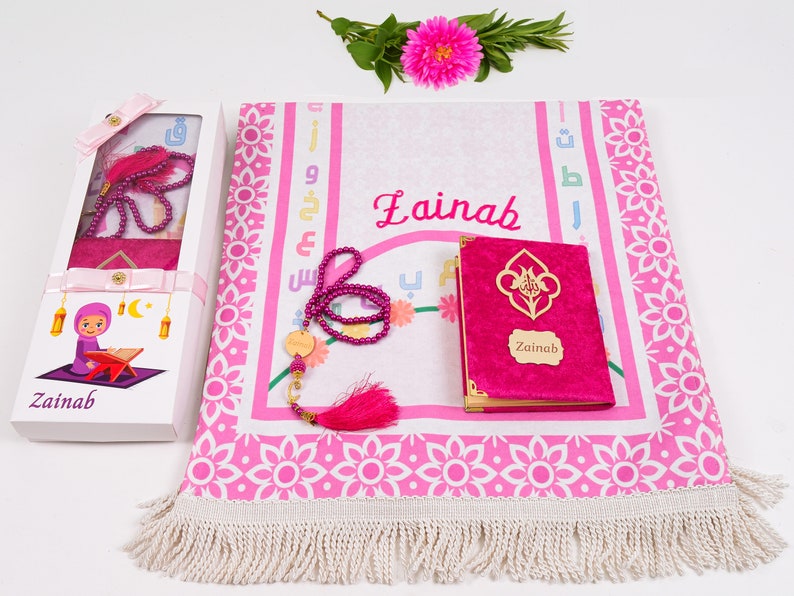 Personalized Kids Prayer Mat Set, Custom Muslim Kids Prayer Rug Quran Tasbih Box, Quran Graduation Gift, Ameen Favor, Eid Gift for Kids image 6