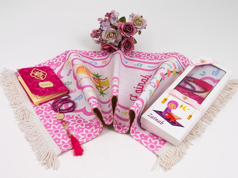 Personalized Kids Prayer Mat Set, Custom Muslim Kids Prayer Rug Quran Tasbih Box, Quran Graduation Gift, Ameen Favor, Eid Gift for Kids image 8