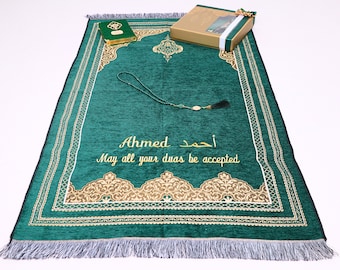 Personalized Chenille Prayer Mat Gift Set, Quran, Tasbeeh, Ramadan Favors, Eid Gifts, Islamic Favors