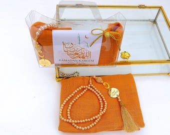 Personalized Head Scarf Gift Set: Pearl Prayer Beads, Ramadan Favors