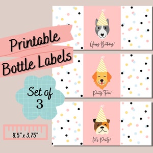 Dog Birthday Pawty Printable Water Bottle Labels - Puppy Themed - Kids Birthday Party Favors - Downloadable