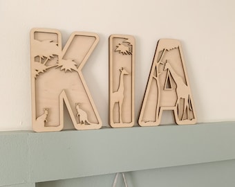 Safari letters, name sign wood, safari animal name sign, Personalised Name Sign, Custom Name Decor, Safari Theme Decor, Safari Wall Art