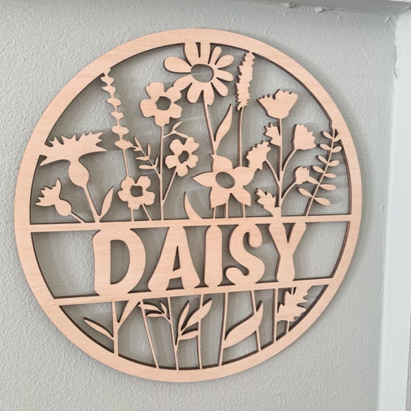 Round name sign, floral name sign, floral decor for children’s room, floral door name sign, wooden name sign, wooden door sign