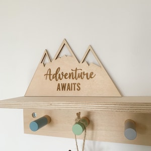 adventure awaits, wall decor, decal, mountains wall art, wooden wall art, adventure awaits wooden wall quote, scandi nursery decor