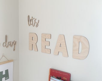 Let’s read sign, read sign, sign for playroom, wooden nursery decor, children’s bedroom wall art, reading corner quotes, kids wall art