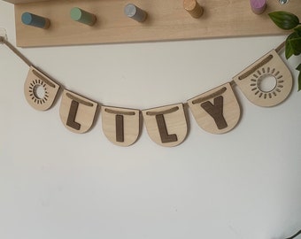 Wooden name sign, bunting garland for kids room, name sign nursery, wood name garland, wooden bunting, personalised bedroom decor