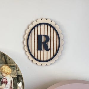 May include: Wooden letter "R" wall decor. The letter is navy blue, set within a navy blue circle with vertical wood grain lines. The outer edge is scalloped. The decor is mounted on a white wall.
