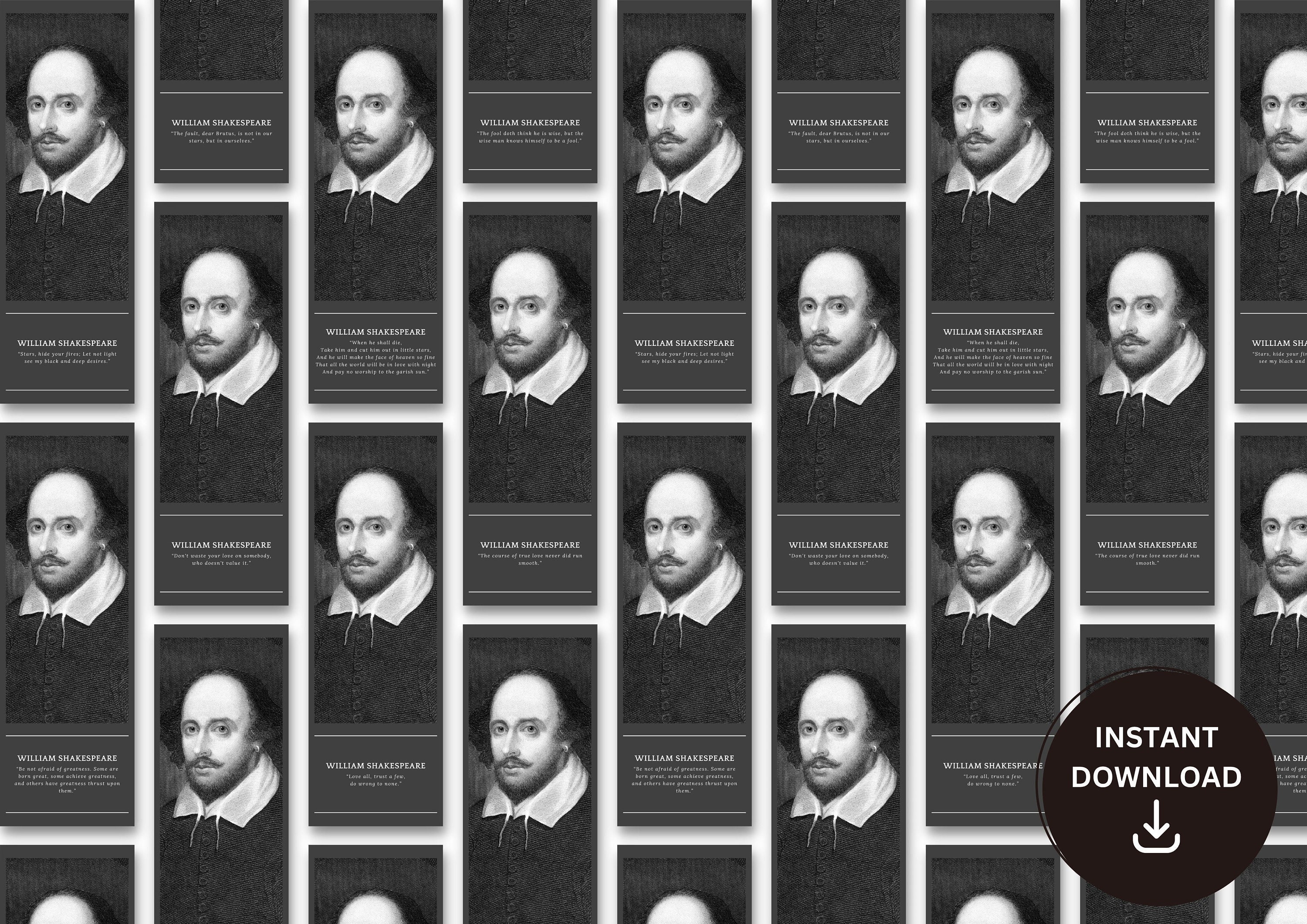 Printable William Shakespeare Bookmark Bundle With Quotes, Set of 8 Minimalist, Book Lover, Gift ...