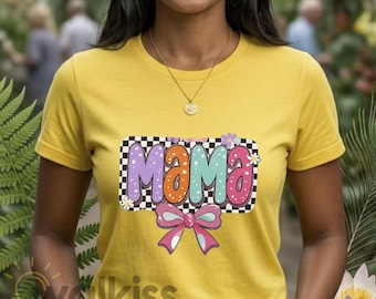 Retro Mama Shirt Mother's Day Gift, Coquette Bow Mom Sweatshirt Birthday Present, G500 Heavy Cotton, Floral Checkerboard Tee, Fast Shipping