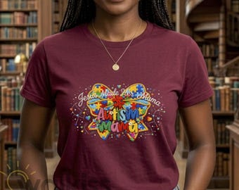 Jesus Made Her Autism Mama Shirt Christian Mother's Day Gift, G500 Heavy Cotton, Faux Crochet DTF Print, Autism Awareness, Fast Shipping