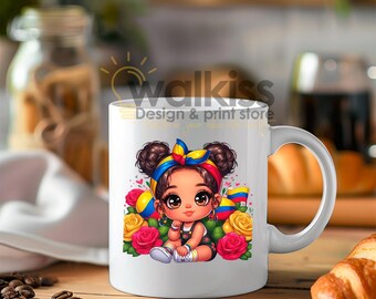Colombia Mug 11oz | Beautiful girl with tricolor headband, flag, balls & flowers | Patriotic gift for Colombians abroad
