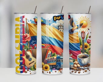 20oz Stainless Steel Tumbler | Colombia Sublimation Design | Flag, Coffee, Accordion, Chiva, Guitar | Hot & Cold Drinks