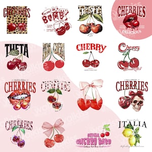 May include: A collection of 10 digital designs featuring cherries and cherry-themed text. The designs include various colors, patterns, and styles, such as red cherries with green stems, a skull with a bow, and a cherry bomb with a pink bow. The text includes phrases like "Cherry Bomb", "Theta", "Cherries", "Original Cherry Baby", and "Italia".