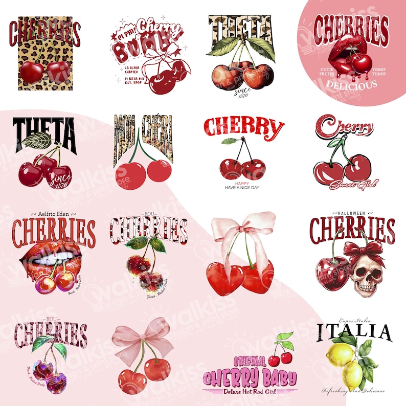 May include: A collection of 10 digital designs featuring cherries and cherry-themed text. The designs include various colors, patterns, and styles, such as red cherries with green stems, a skull with a bow, and a cherry bomb with a pink bow. The text includes phrases like "Cherry Bomb", "Theta", "Cherries", "Original Cherry Baby", and "Italia".