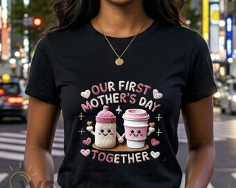 Our First Mother's Day Together Shirt New Mom Gift, G500 Heavy Cotton, Faux Crochet DTF Print, Coffee Baby Bottle Tee, Fast Shipping