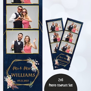 Navy Blue Blush Pink Green Gold Wedding Photobooth Template, Floral Photo Booth Template