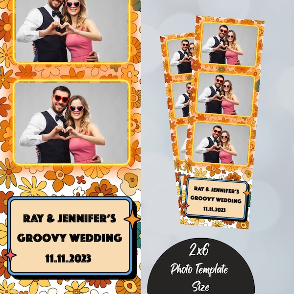 Groovy 70s photo strip, photo booth template, 2x6 overlay floral orange wedding photobooth