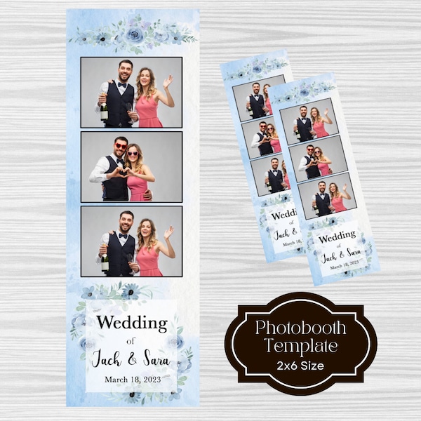 Elegant White Blue Rose Floral Wedding Photo booth Template,  2x6 strip,  photo booth template wedding