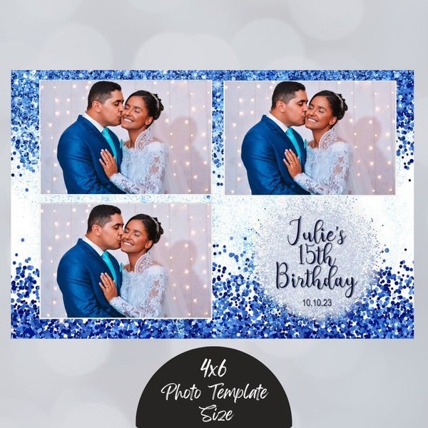 Sparkle Wedding Photobooth Template, Blue Glitter Photo booth Template, 4x6, 3 Photo Sweet Sixteen, Quince, Bridal Shower, PSD PNG