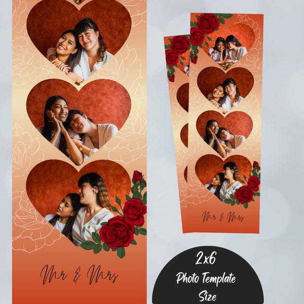 Red Heart and Rose wedding photo booth overlay, classic classy photobooth wedding template, four photos, 2x6 photo strips Valentines