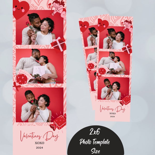 Valentines Day heart photo booth template, 2x6 photo strip design, holiday red and pink overlay