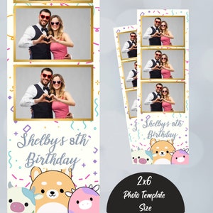 modelo de cabine fotográfica de festa de aniversário de squishmallows, sobreposição de cabine fotográfica 2x6 tiras de fotos, aniversário de crianças