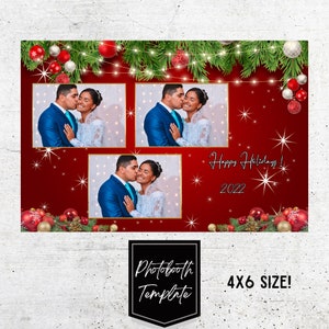Peut inclure: Un modèle de photomaton rouge sur le thème de Noël. Le modèle comporte trois emplacements pour photos et un design festif avec des ornements rouges et dorés, des branches de pin et des lumières blanches. Le texte "Joyeuses Fêtes ! 2022" est en bas du modèle. Le modèle mesure 10,16 x 15,24 cm.