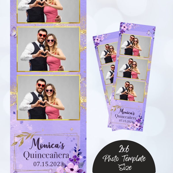 Purple Fairy Floral Quinceañera photo booth template, Photo Booth Overlay, Purple gold lilac floral butterfly, Sweet 16 Template 2x6