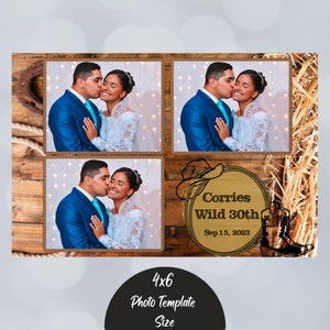 Bandes de modèle de photomaton 4 x 6 cowboy rustique pour les anniversaires, trois dimensions de carte postale photo, superposition de cabine photo marron country western