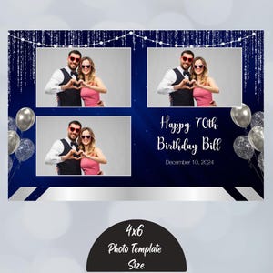 Modelo de cabine de fotos para festa de aniversário de inverno azul e prata, cartão postal 4x6 design de balão brilhante