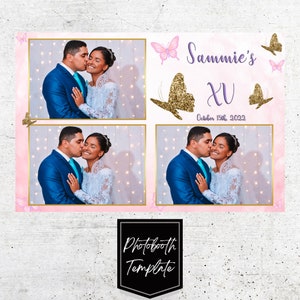 Quince sweet 16 butterfly Photobooth Template, 4x6 Wedding Photo booth Template, wedding pink purple gold sparkle