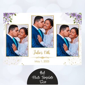 Quinceanera photo booth template, Photo Booth Overlay, Photo Booth Template Birthday, Purple gold floral, Sweet 16 Template 4x6 portrait
