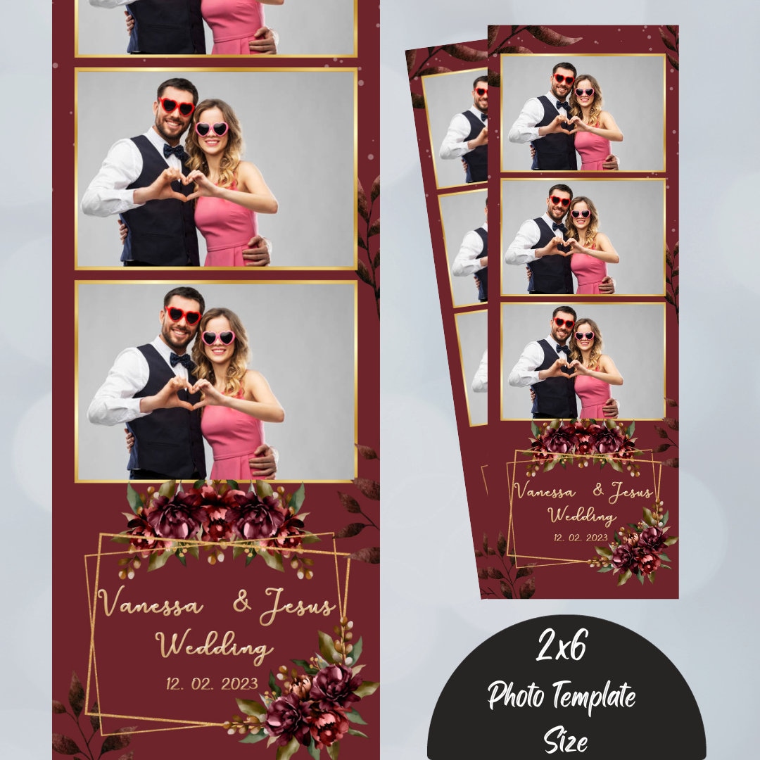 Burgundy Red and Gold Wedding Photo Booth Template, 2x6 Photobooth