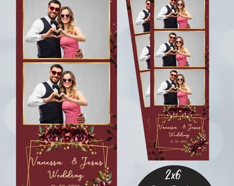 Burgundy Red and Gold wedding photo booth template, 2x6 photobooth overlay, three photo Fall floral gold