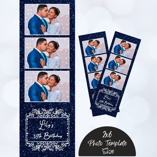 Quinceanera photo booth template, 2x6 Photo Booth Overlay, Photo Booth Template Birthday, Navy Dark Glitter Blue, Sweet 16 Birthday Template