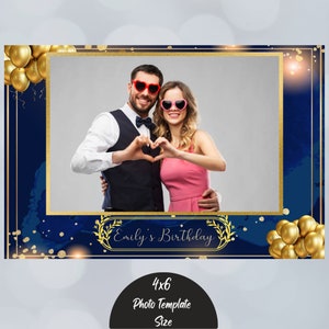 Photo Booth Template, Birthday Photo Booth Template, Party Birthday Photo Booth Template, 4x6 Overlay, single photo gold and navy blue