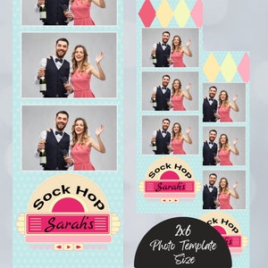 Sock Hop photo booth template, 2x6 photo booth overlay, 1950s diner theme, pink and blue, retro photo design template