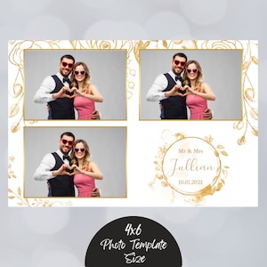 Plantilla fotográfica 4x6 en blanco y dorado para cumpleaños de bodas, superposición de postales, flores doradas con clase y diseño floral, diseño de fotomatón