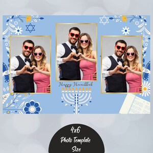 Modelo de cabine fotográfica de feriado de Hanukkah, design de sobreposição de cabine fotográfica com 3 fotos, tamanho de cartão postal azul 4x6