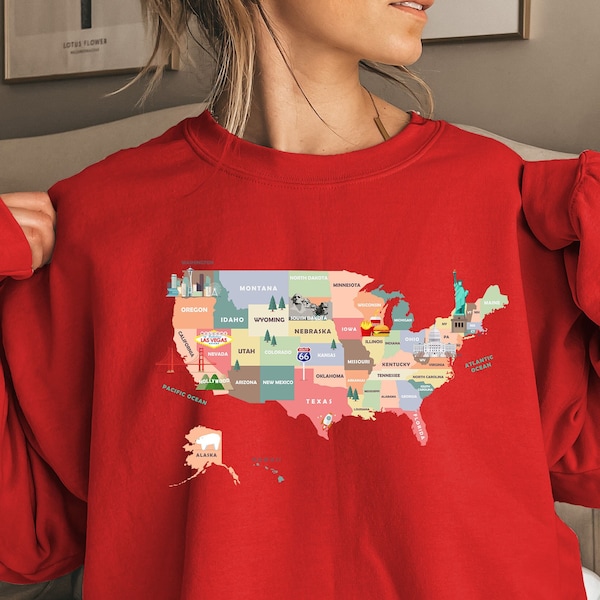 50 States Sweatshirt,US Map Travel Shirt,Vacation Shirt,Gift for USA Traveler,Family Road Trip Shirt,United States Map,gıft for mom,bırthday