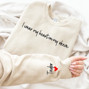 I Wear My Heart On My Sleeve Sweatshirt,Gift for Mom, Custom Mama Sweatshirt with kids Name on Sleeve, Mother Day Gift for Mom,