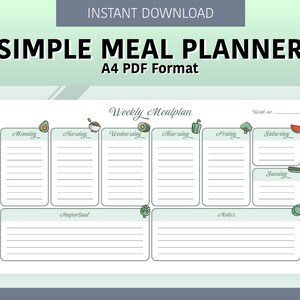 May include: A printable weekly meal planner in A4 PDF format. The planner has sections for each day of the week, with space for writing down meals. There are also sections for important notes and additional notes.
