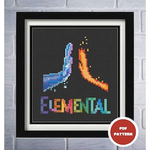 Könnte beinhalten: Kreuzstichmuster mit zwei Händen, eine blaue und eine orange, die sich high-fiving. Das Wort "ELEMENTAL" ist in Regenbogenfarben unter den Händen geschrieben.